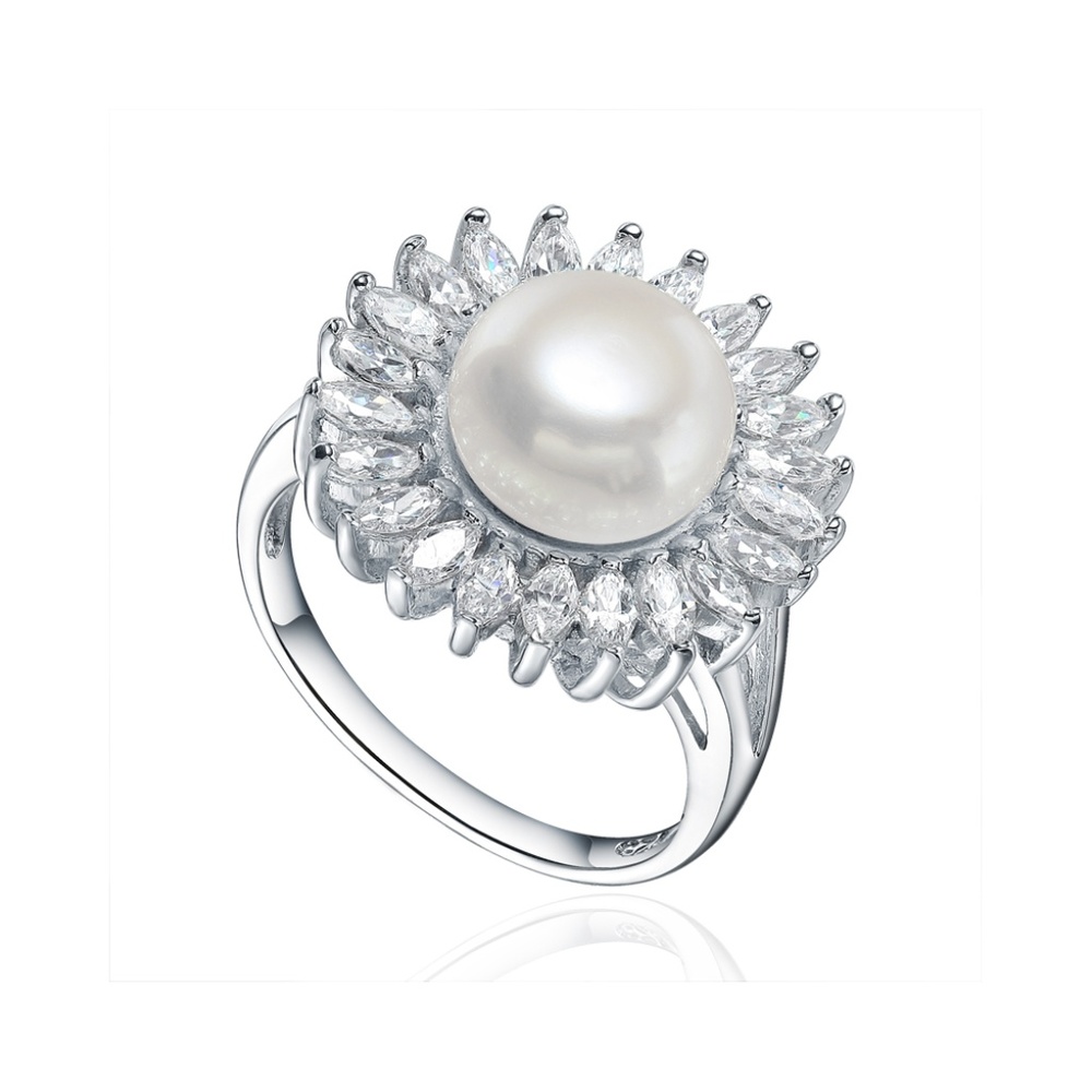 Silver Sun Flower Ring CZ freshwater Cultured Pearl
